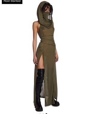 Olive Green Hooded Maxi Dress with Side Slits